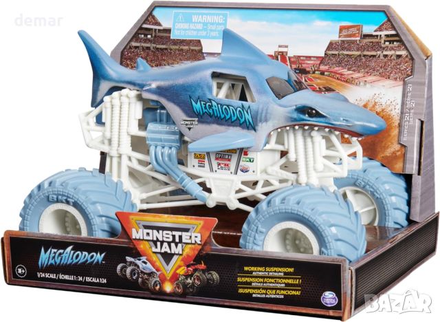 Monster Jam, Megalodon Monster Truck, колекционерски камион, мащаб 1:24, играчка за деца 3+ г., снимка 7 - Коли, камиони, мотори, писти - 45097039