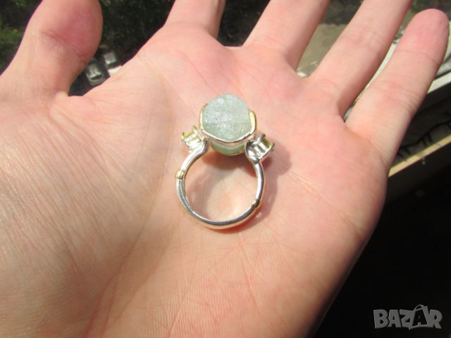 Сребърен пръстен с натурален аквамарин 18 карата, размер 16x12, 9.7гр, снимка 4 - Пръстени - 45470079