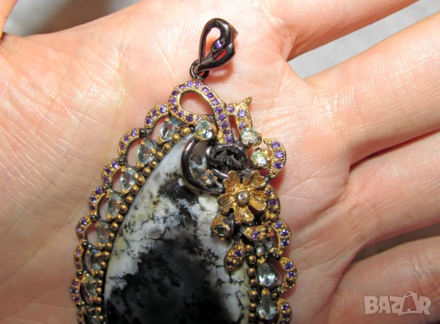 925 сребърно колие с опал дендрит 80 карата подходящо за подарък, снимка 3 - Колиета, медальони, синджири - 50999375