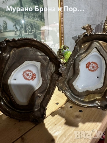 УНИКАЛЕН ЧИФТ ПАПАГАЛИ СВЕЩНИЦИ – 4.5 кг, 42 см, Порцелан и Бронз, снимка 6 - Антикварни и старинни предмети - 53497219