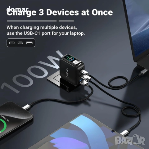 Зарядно устройство MINIX 100W USB C, 3-портово GaN, интелигентен дисплей и сензорно управление, снимка 3 - Друга електроника - 53411423