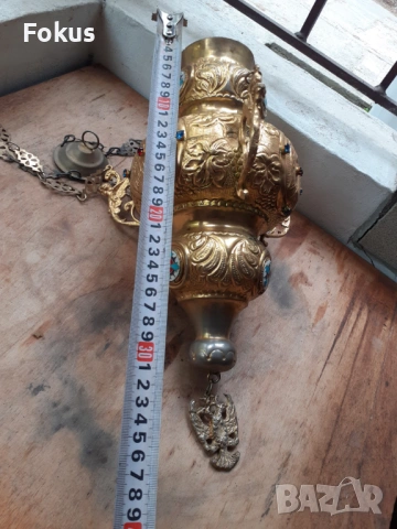 Огромно старо висящо кандило емайл и стъкла кадило тамянник, снимка 7 - Антикварни и старинни предмети - 54220475