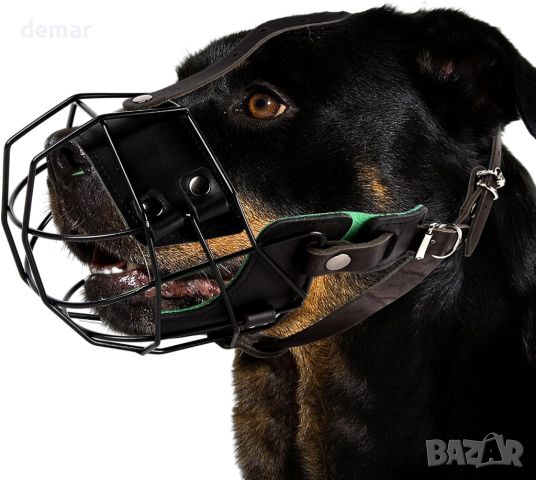 Намордник за големи кучета - метална маска Amstaff с регулируема дишаща кожена презрамка 