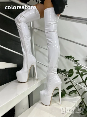 Чизми на ток - бял лак - GSB3, снимка 1 - Дамски ботуши - 43221834