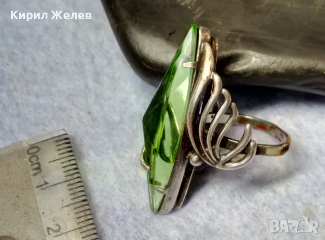 СТАР РУСКИ ДЕБЕЛО ПОСРЕБРЕН МЕЛХИОРЕН ПРЪСТЕН с ФАСЕТИРАН ЗЕЛЕН КРИСТАЛ ЧАСТ от КОМПЛЕКТ 25223, снимка 4 - Антикварни и старинни предмети - 49917244