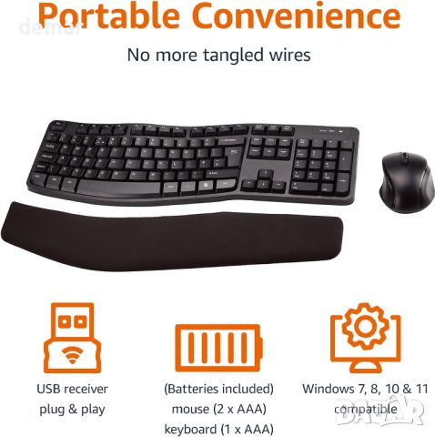 Amazon Basics Ергономични безжични клавиатура и мишка, черни, снимка 2 - Клавиатури и мишки - 45221528