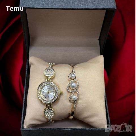 Елегантен дамски комплект часовник с камъни цирконии и красива гривна в комбинация с перли и циркони, снимка 1 - Дамски - 45761844