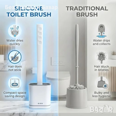 Нов Комплект 2 четки за тоалетна силиконови с бързосъхнеща поставка дълбоко почистване, снимка 7 - Други стоки за дома - 54045398
