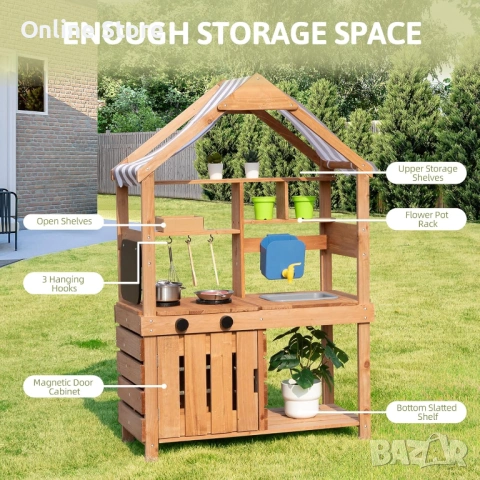 Детска дървена кухня OOOK с навес – масивна ела, аксесоари, за 3+ години, снимка 7 - Образователни игри - 54176394