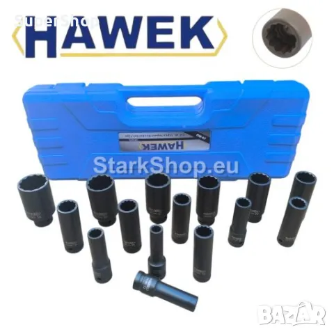 Дълбоки Ударни Вложки 1/2″ Удължени 12 Стенни CR–MO 15 части HAWEK (10 – 32мм)