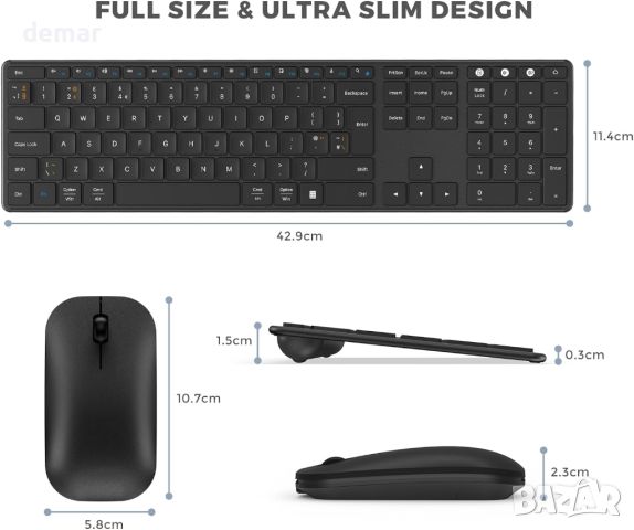 seenda Комплект акумулаторна безжична Bluetooth клавиатура и мишка, ултратънка, снимка 6 - Клавиатури и мишки - 46414891