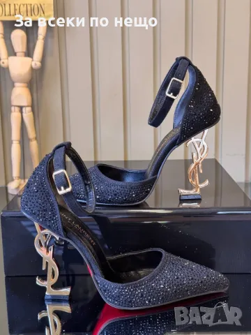 Yves Saint Laurent Дамски Черни Сандали Със Златен Метален Ток Код E269, снимка 4 - Сандали - 50414521