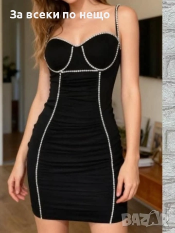 Елегантна Официална Стилна Вечерна Черна Рокля По Ъялото С Камъни Код Pink4