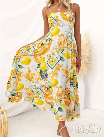 Лятна дълга рокля с презрамки, с лимони, снимка 1 - Рокли - 46124074
