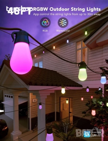 Govee S14, 14,6 метра H7015 RGBIC външни светлини с 15 димируеми LED крушки, водоустойчиви IP65..., снимка 4 - Лампи за стена - 51595282