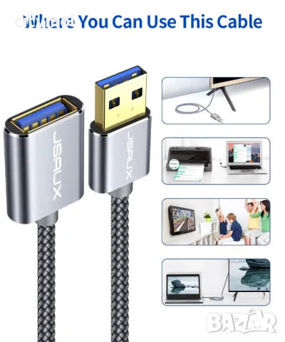 JSAUX USB 3.0 удължител, USB A мъжко към женско, найлонова оплетка, бърз трансфер, 180см, снимка 4 - Други - 47024938