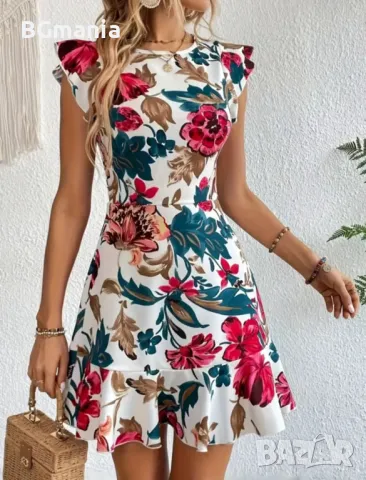 Еластична свободна рокля в бяло на цветя с паднал ръкав размер Л, снимка 4 - Рокли - 50042127