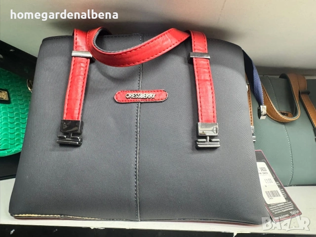 Дамска чанта тоут тъмносива червени дръжки текстил сребристи детайли