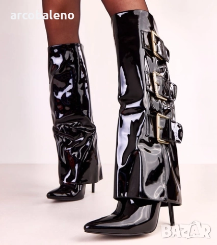 Дамски черни лачени ботуши Karela с навит калъф, снимка 3 - Дамски ботуши - 52111955
