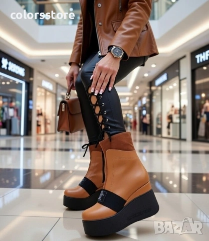 Боти на платформа - кафява кожа - K135

