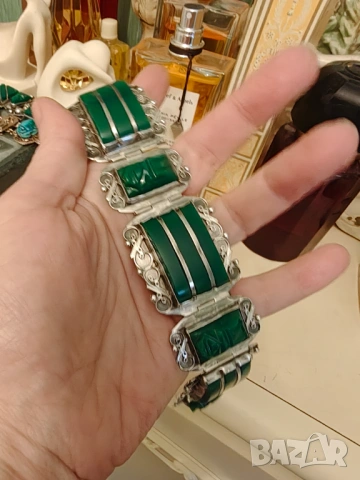 Антикварна сребърна гривна Мексико ,зелен оникс ., снимка 2 - Гривни - 54030476