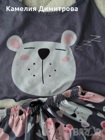 Дамски комплект за вкъщи – сив топ с мече + къси гащички, снимка 2 - Комплекти - 53285762