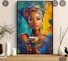 Ярка африканска жена с чаша кафе, платно, художествен печат, модерен стил на маслена живопис, снимка 1