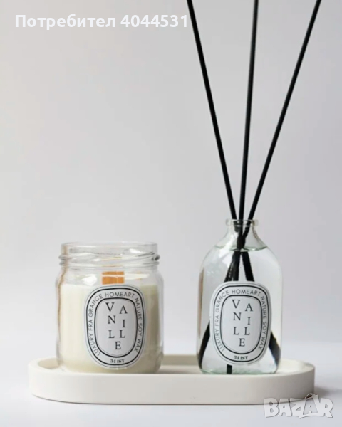 Соева свещ с аромат на ванилия с дървен фитил и освежител за въздух с бамбукова пръчица Съдържание н, снимка 1