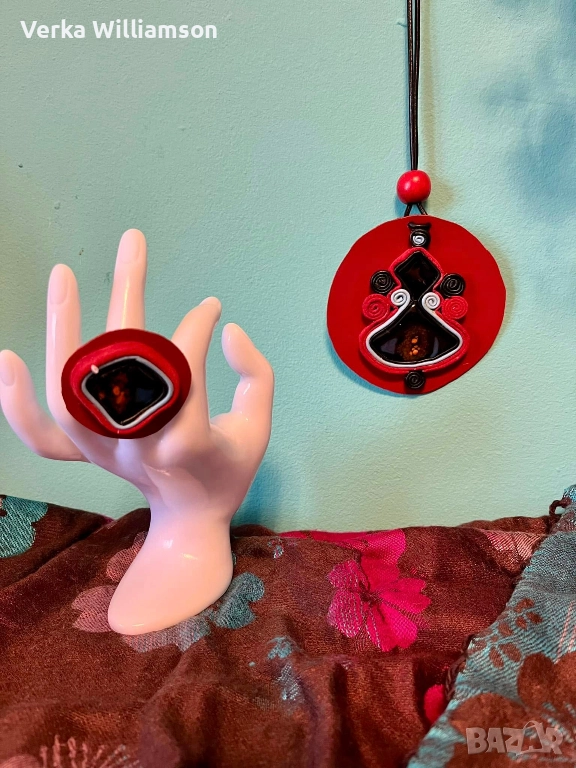  Червен комплект голямо колие с пръстен от кожа и авторско стъкло модел 68, снимка 1