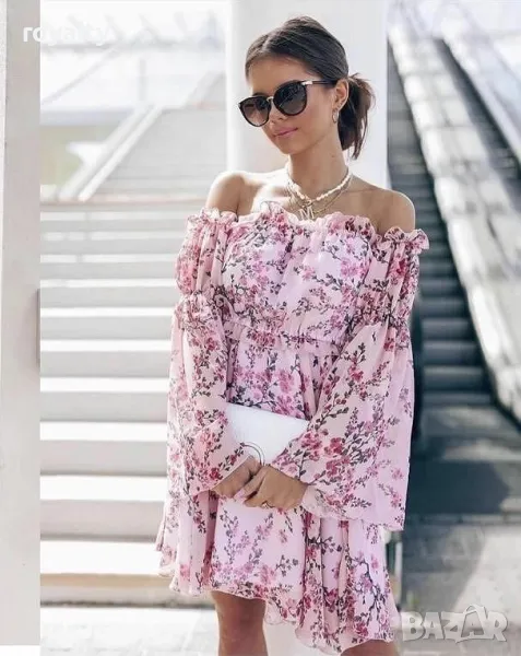 Розова шифонена рокля с паднали рамене, снимка 1