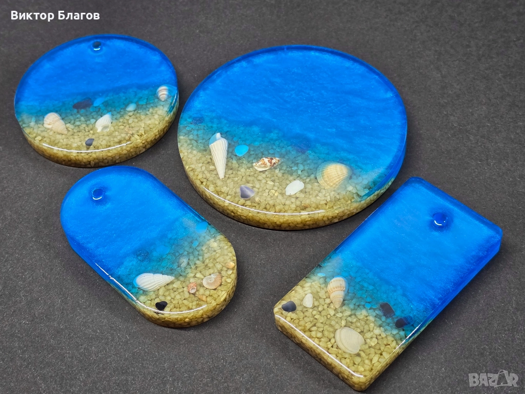 Морски комплект от епоксидна смола (поставка и медальони), снимка 1