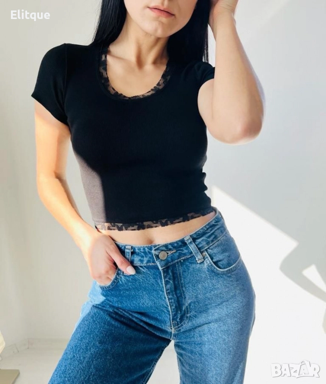 Къса дамска секси тениска с дантела на ръкавите  , снимка 1