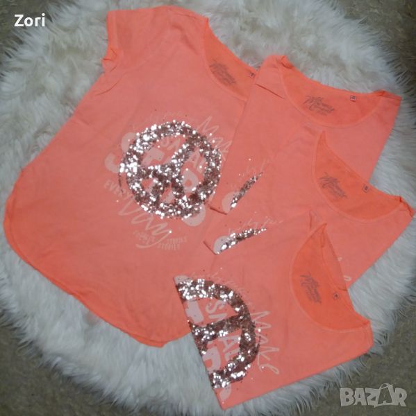 УНИКАЛНИ Блузи в неонов оранжев цвят с щампа със сребристо-златисти пайети до 3ХЛ, снимка 1