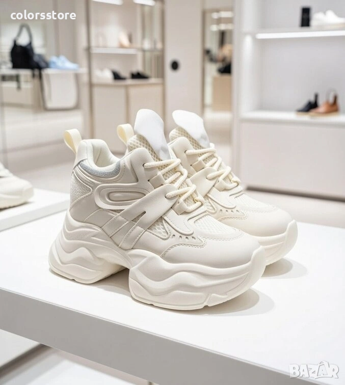 Кецове на платформа - бежова кожа и мрежа - 3AL103 , снимка 1