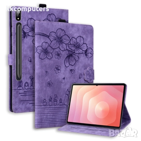 Samsung Galaxy Tab S11 Ultra-Кожен калъф с Протектор, Дизайн Цветя & Котка, Стойка и Държач за писал, снимка 4 - Калъфи, кейсове - 52088632