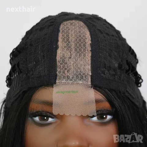 Елегантна права черна каре перука 35 см с път, снимка 6 - Аксесоари за коса - 54189668