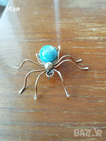 Индианска винтидж брошка с насекомо паяк с игла от стерлингов тюркоаз от Navajo , снимка 2 - Антикварни и старинни предмети - 50371759