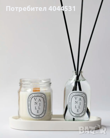 Соева свещ с аромат на ванилия с дървен фитил и освежител за въздух с бамбукова пръчица Съдържание н, снимка 1 - Други - 44960330