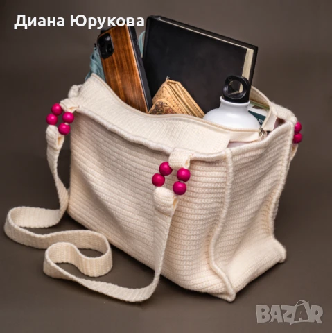 Дамска плетена чанта екрю, снимка 2 - Чанти - 51089641