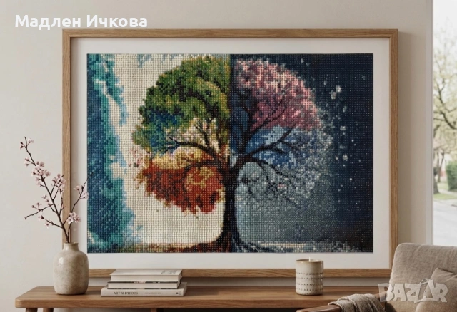 Ръчно изработен Диамантен Гоблен "Четирите Сезона" в дървена рамка