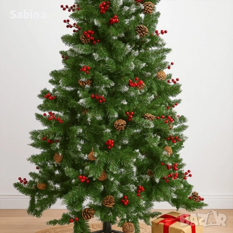 Изкуствена елха Luxury Diamond с червен глог и шишарки, снимка 2 - Декорация за дома - 52170268