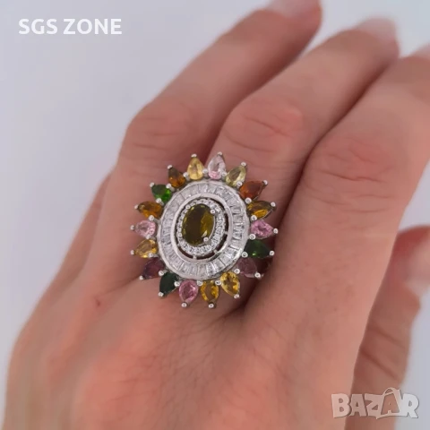 пръстен от сребро 925 с многоцветен турмалинов, снимка 4 - Пръстени - 51273289