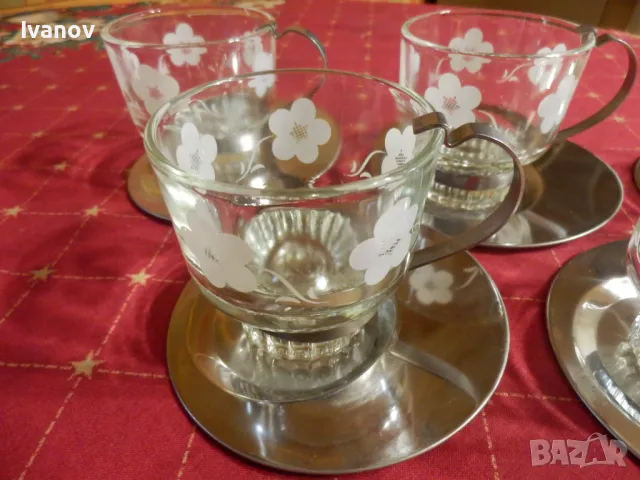 Стъклени чаши с метални дръжки и иноксови чинийки, снимка 4 - Чаши - 49768638