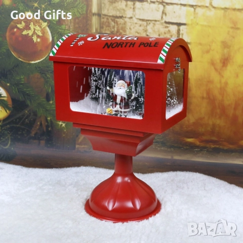 Музикална Коледна пощенска кутия „Santa North Pole“ с LED светлини и ефект на падащ сняг, снимка 2 - Декорация за дома - 52339443