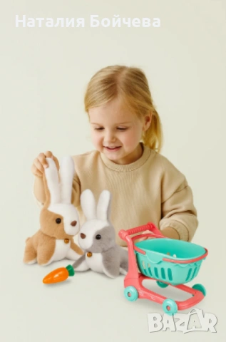 Сладурско плюшено зайче с пазарска количка, снимка 5 - Плюшени играчки - 53382737