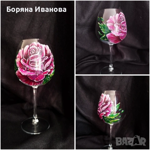 Ръчно рисувана чаша за вино с роза