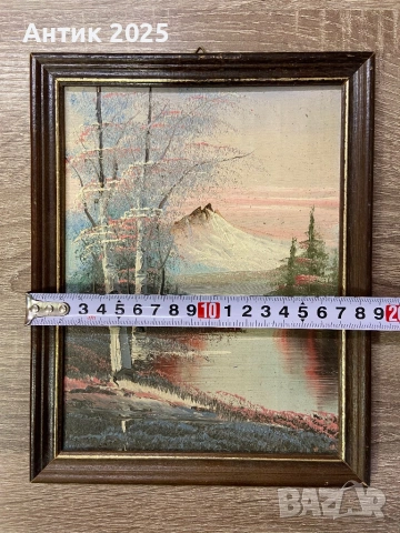 Винтидж картина с маслени бои „Пейзаж с брези и планини“, средата на ХХ век, снимка 3 - Антикварни и старинни предмети - 53185973