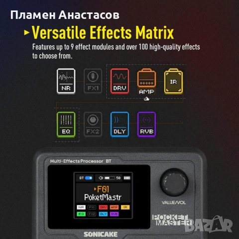 SONICAKE Pocket Master – портативен мултиефект процесор за китара/бас, снимка 5 - Китари - 53847358