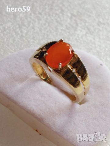 Позлатен сребърен пръстен с карнелиан, снимка 2 - Пръстени - 46475880