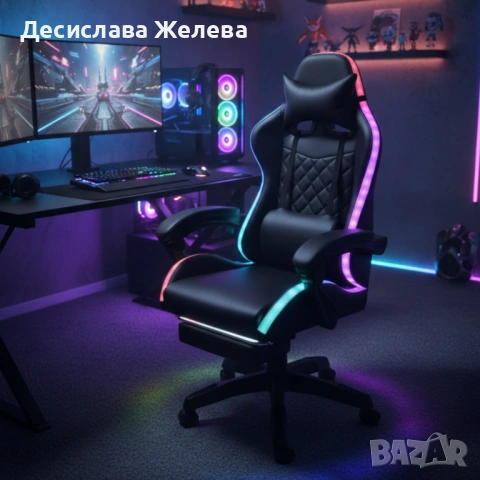 Черен геймърски стол с масаж, LED осветление и поставка за крака – ергономичен, с дистанционно
